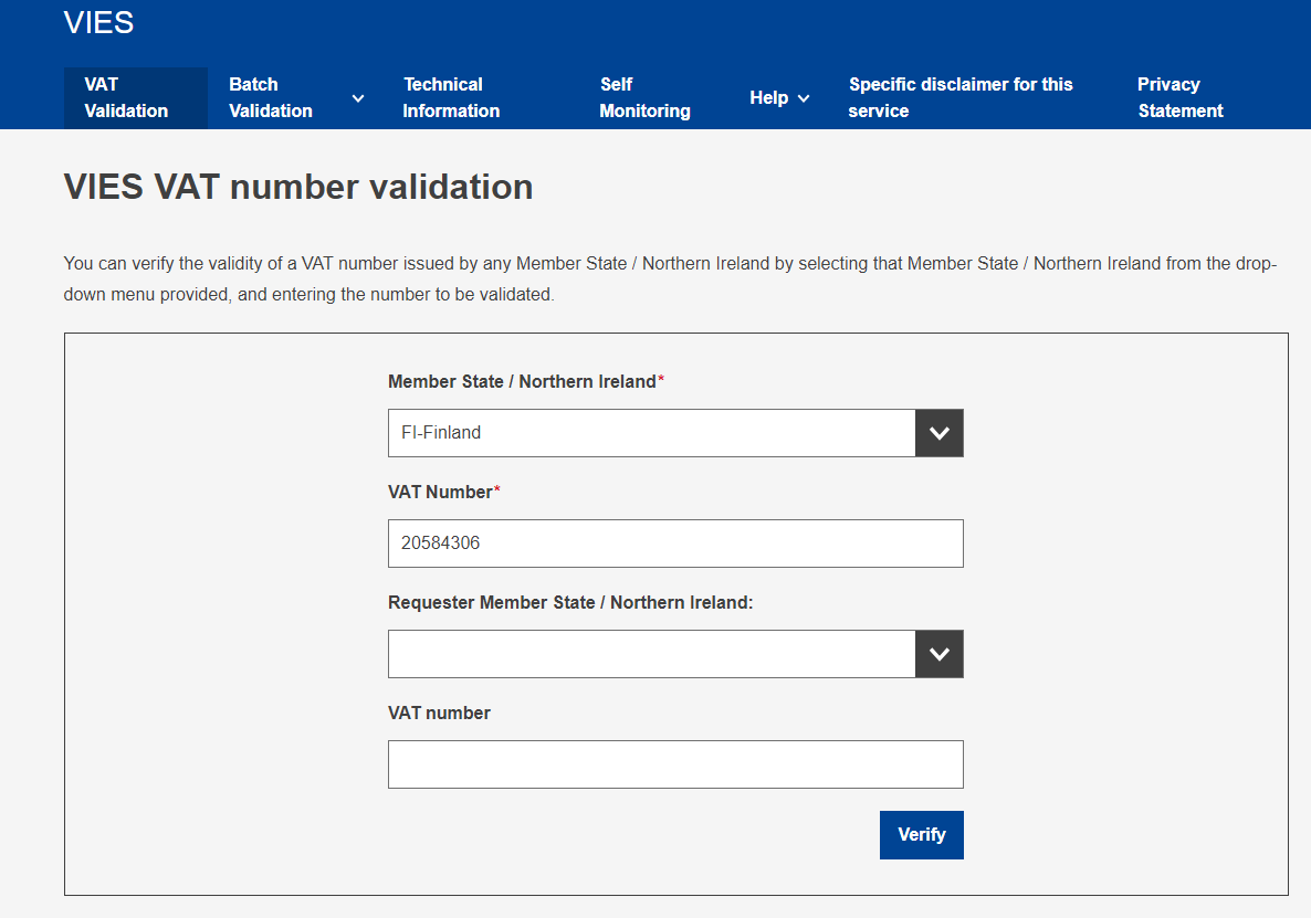 Finland VAT validation on VAT VIES website