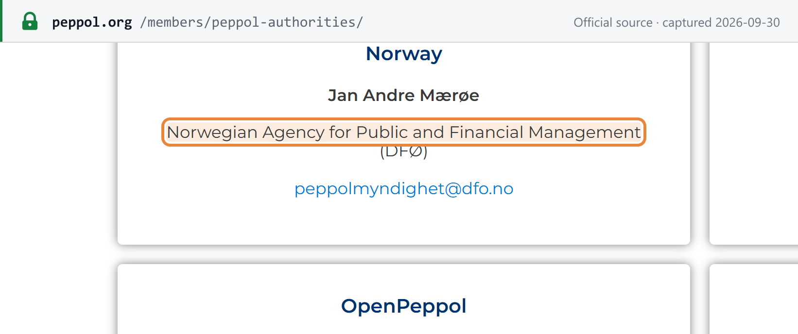 来源快照——OpenPeppol的Peppol机构列表：挪威——挪威公共管理与财务管理局（DFØ）
